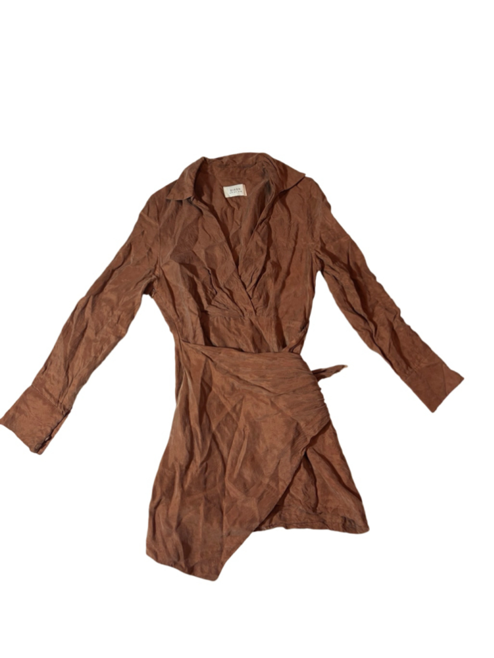 DISSH Sasha Tan Cupro Wrap Mini Dress Long Sleeve Collared Tie Waist US 6